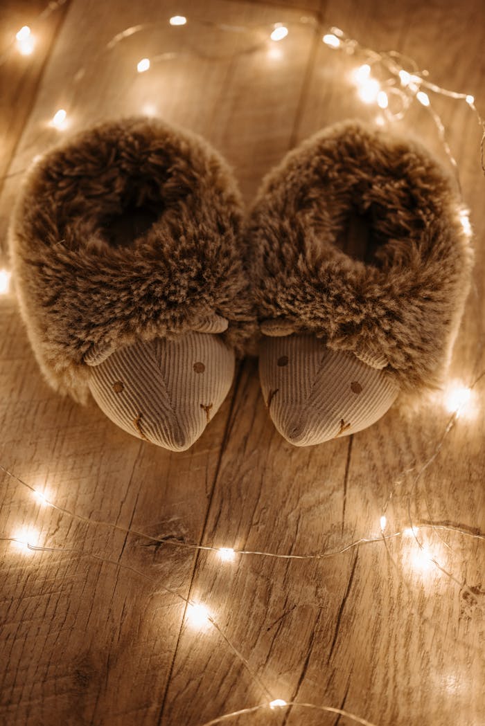 digital Pair of hedgehog-themed slippers surrounded by warm fairy lights on a wooden floor.